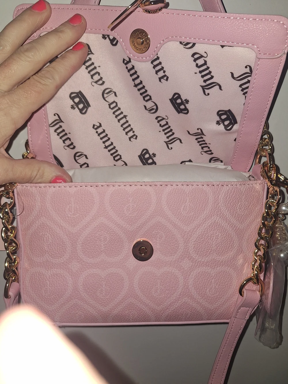Juicy Couture Pink Heart-Pattern Crossbody Bag Or Shoulder Bag with Gold Accents